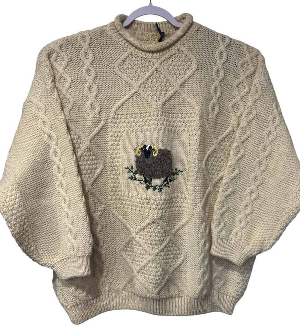 Vintage ACORN Wool Sweater L Cream Cable Knit Embroidered Ram Fisherman Cottage